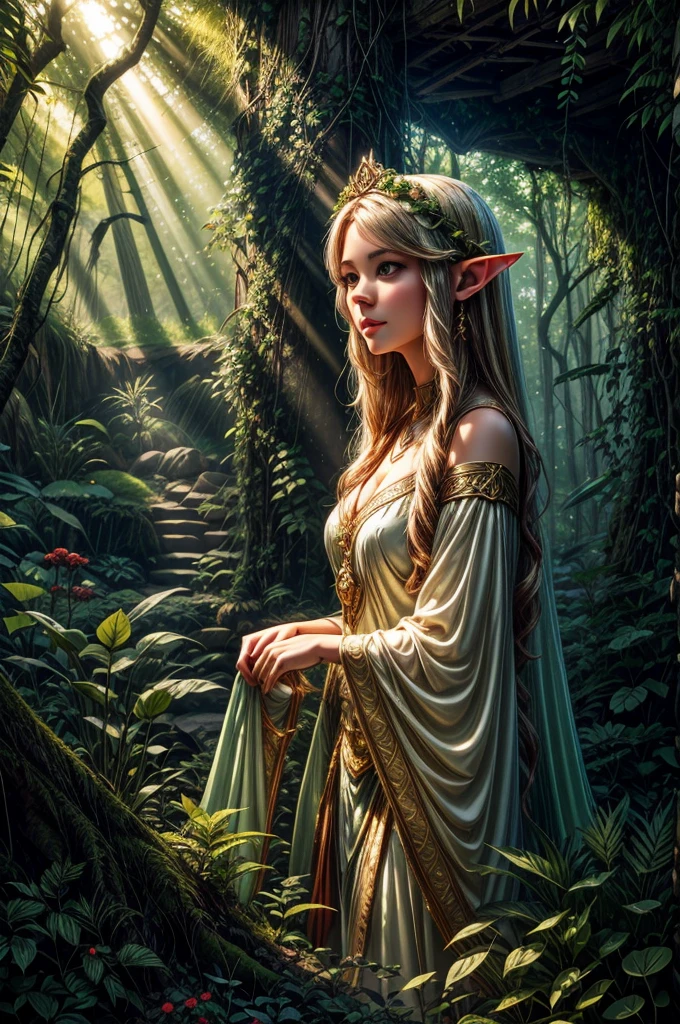 In a dappled, ancient forest ruin, an Elf Princess stands tall, her scepter raised high as beams of warm sunlight filter through the trees, casting a golden halo around her regalness. Her beautiful summer wear, enchanted clothing shimmers in the soft light covered in tiny miniature red multicolored flowers, and pea green and yellow tiny leaved vines, while lush foliage and vines surround her, creating a lush environment. The camera captures a sharp focus on the princess's face, with the rule of thirds composition placing her at the intersection of two diagonals. Shot during the golden hour, the scene exudes an ethereal mood, inviting the viewer to step into this mystical realm, fantasy, better_hands, Leonardo, Angela white, Enhance