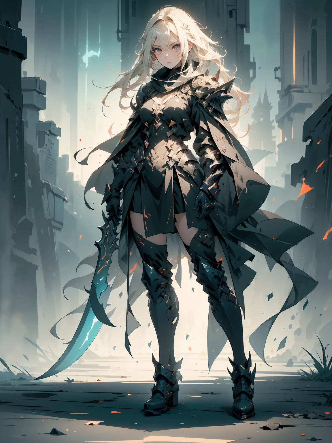 (((masterpiece, best quality, high detailed, 8k))) Design a layout showcase Gaming character, (1girl). Black|Gold clothes, stylish and unique. ((showcase weapon:1.4)), dark scythe. (masterpiece:1.2), (best quality), 4k, ultra-detailed. (Step by step design, layout art:1.5), (luminous lighting, atmospheric lighting). necromancer, ((glove full hands)), (((revealing clothes:1.3))), vambraces, armored legwear, (((full_body_shot:1.4))). {In a haunted graveyard}.