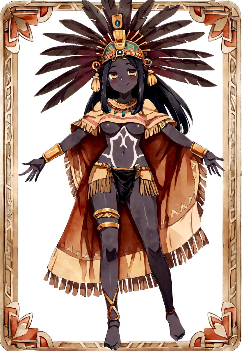- Character, full body, high resolution, stable diffusion, watercolor style, trading card, trading card simple framework, medium card, 1 girl, solo, full body , medium breast, joung girl, long hair, black skined girl, black skin, aztec, aztec girl, loincloth, loincloth pull, partialy visible vulva, brown clothing, poncho, oppen poncho, maya glipho, tattoo, stomach tattoo, aztec tiara, smile, asertive smile, expression of pride, standing, spread legs, white background,
