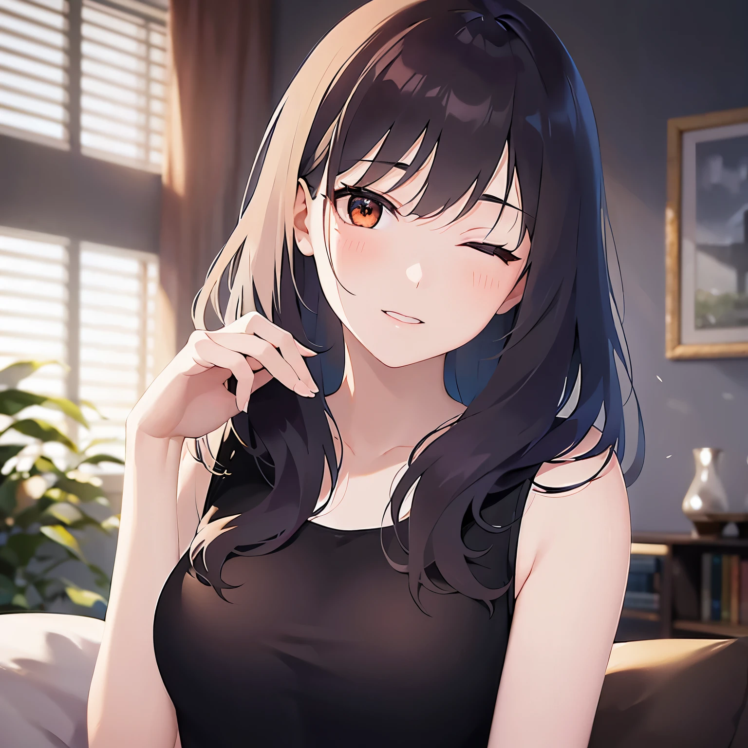 lookin at viewer,Upper Body, hand over own mouth,one eye closed
Realistic, real person, (pale skin: 1.2), RAW photo, photorealistic, shiny skin, shiny hair、
(A 25-year-old woman with medium-length hair and bangs) and (wavy hair) and (brown hair) and (Orange Eyes)
、o3o,
Tank top,The background is the living room at night