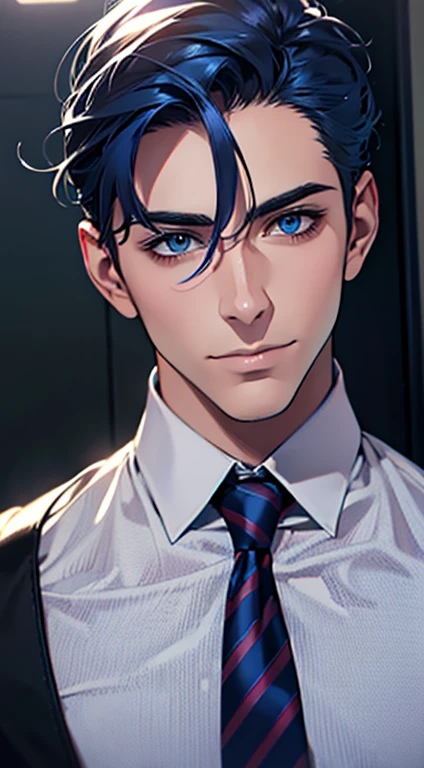 (best quality,4k,8k,highres,masterpiece:1.2),ultra-detailed,(realistic,photorealistic,photo-realistic:1.37),1 man,31 years old,mature man,very handsome,without expression,smile,short blue hair,blue eyes,penetrating gaze,perfect face without errors,imposing posture,businessman,office background,cinematic lighting,hdr image