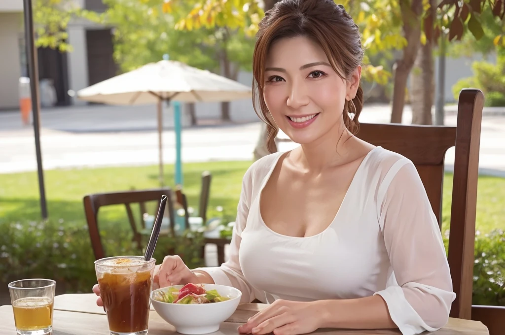 ((Highest quality)), ((8K)), ((masterpiece: 1.3)), (Perfect appearance), (Photorealism: 1.6), (JMA), (AYN), (One Japanese Mature), (Mature woman relaxing on the cafe terrace),