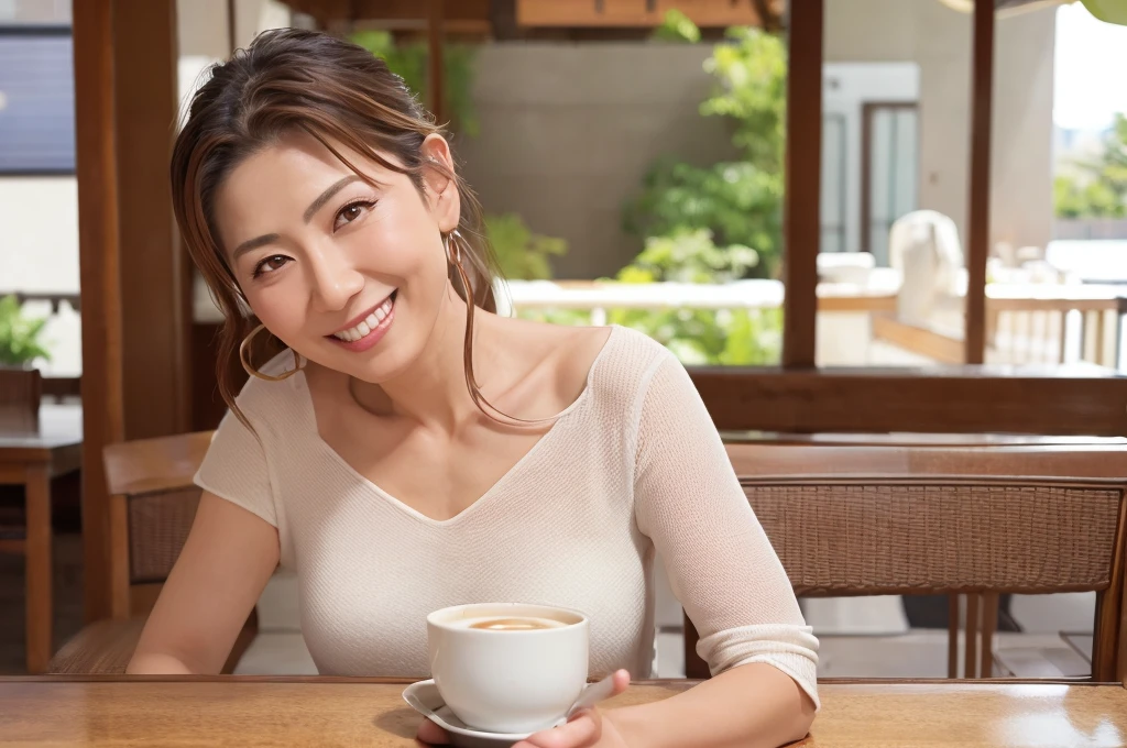 ((Highest quality)), ((8K)), ((masterpiece: 1.3)), (Perfect appearance), (Photorealism: 1.6), (JMA), (AYN), (One Japanese Mature), (Mature woman relaxing on the cafe terrace),
