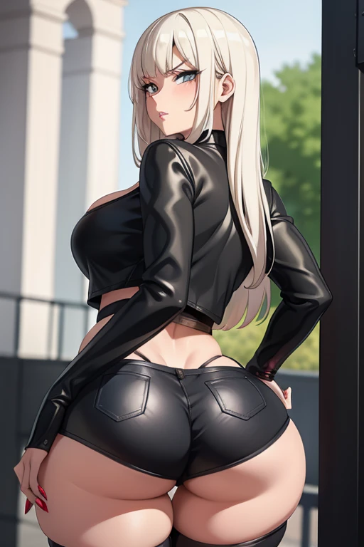 20 year old woman, busty, bubble butt, hourglass figure, skinny, blushing, angry expression, horny, seductive, long hair, platinum blonde hair, bangs, straight hair, wearing biker jacket, cropped leather jacket, red tank top, black denim hotpants, booty shorts, transparent stockings, tight fitting clothing, cleavage, flat colours, anime, ecchi anime style, heavy makeup, kissable lips, red lipstick, hentai, manga, ahegoe, hand on hip, standing, looking over shoulder, ass focus, grabbing ass, hand sinking into ass