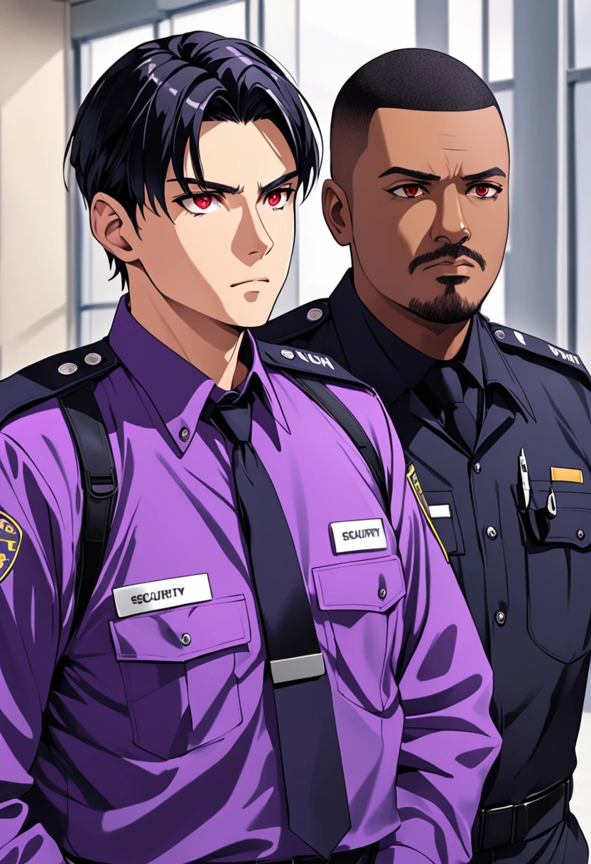 Security guard with purple security guard clothing man with black hair and red eyes