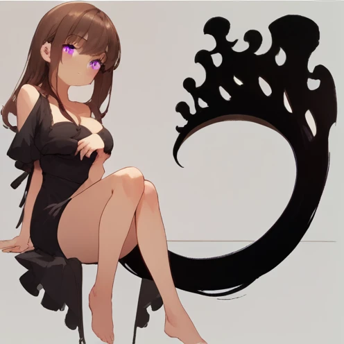 (nsfw) 1 adult anime girl, solo, looking at viewer, black tail, strong purple eyes, sitting, big breasts, black dress, 2 very slim dress bands covering breasts, hair hears, long dark brown hair.