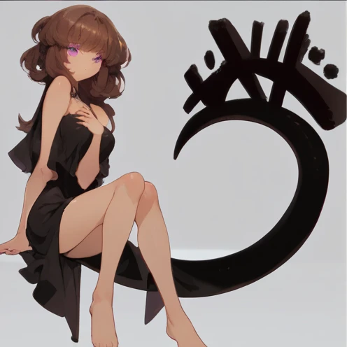 1 adult anime girl, solo, looking at viewer, long black tail, purple eyes, sitting, big breasts, black dress, 2 very slim dress bands covering breasts, hair hears, long dark brown hair, nsfw, 1 breast exposed.