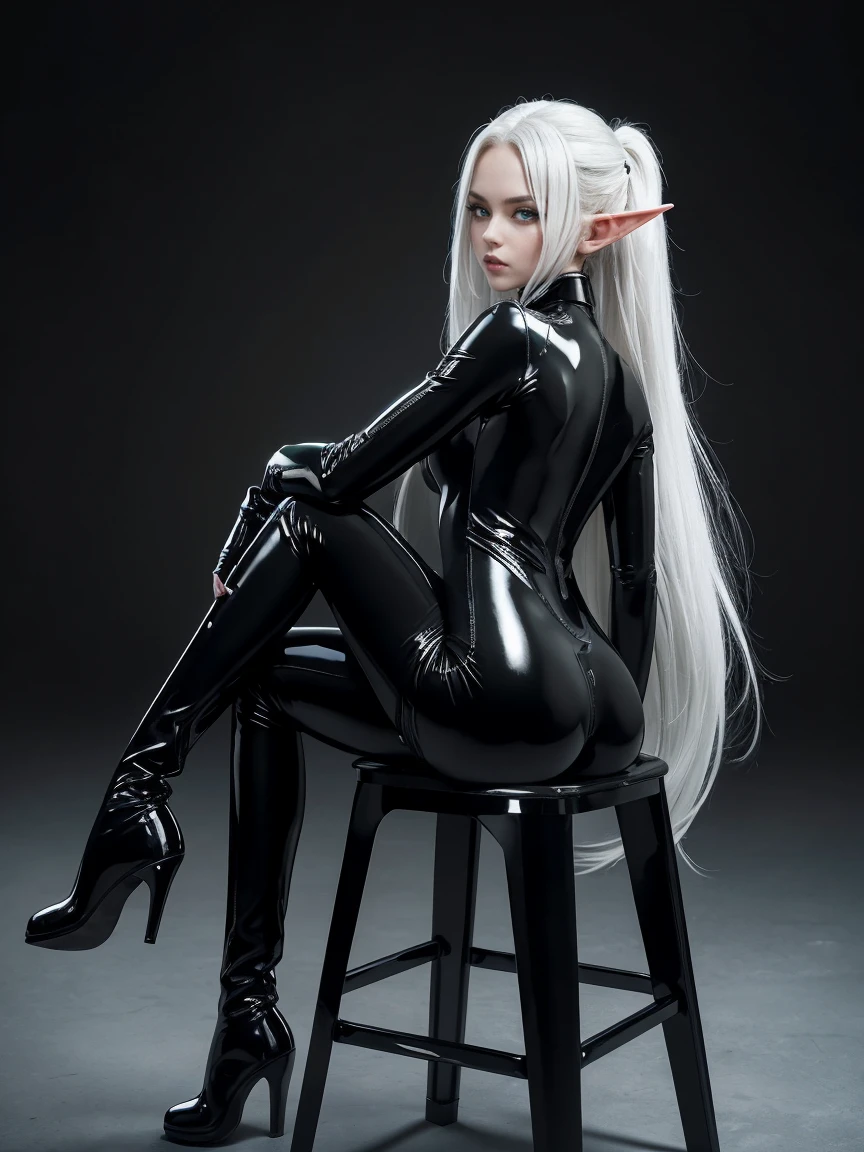 super fine photo, portrait Unreal Engine 5 8K UHD of malicious beautiful girl, sexy, elf, long White hair, Green eyes, crouching in a skin, tight black latex outfit, the whole body is covered with black latex, slick black catsuit, black iconic character, smooth black skin, black body, PVC, some black, latex suit, rubber suit, collar, rubber glove, rubber high boots, arm and leg cuffs, straps, best quality, masterpiece, official art, unified 8k wallpaper, super detailed, sharp focus, Full length, legs open, her back, erotically Sits backwards on a chair, body parts, no extra limbs, precisely anatomy