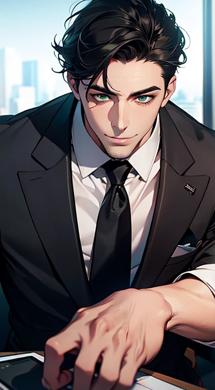 (best quality,4k,8k,highres,masterpiece:1.2),ultra-detailed,(realistic,photorealistic,photo-realistic:1.37),1 man,31 years old,mature man,very handsome,without expression,smile,short grey black hair,green eyes,penetrating gaze,perfect face without errors,imposing posture,businessman,office background,cinematic lighting,hdr image