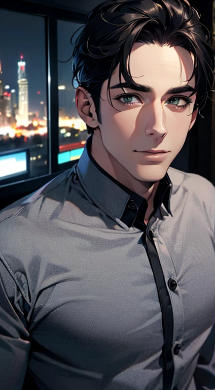 (best quality,4k,8k,highres,masterpiece:1.2),ultra-detailed,(realistic,photorealistic,photo-realistic:1.37),1 man,31 years old,mature man,very handsome,without expression,smile,short grey black hair,green eyes,penetrating gaze,perfect face without errors,imposing posture,businessman,office background,cinematic lighting,hdr image