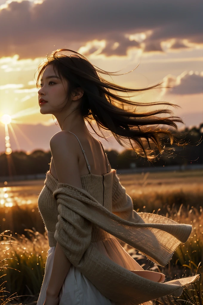 An image of a busty prisoner, blonde bob hair, gorgeous, on a field, scorching sunny day, bloom, (detailed skin complexion:1.2), best quality, deep color, complex shading effect, ambient occlusion, highly detailed textures