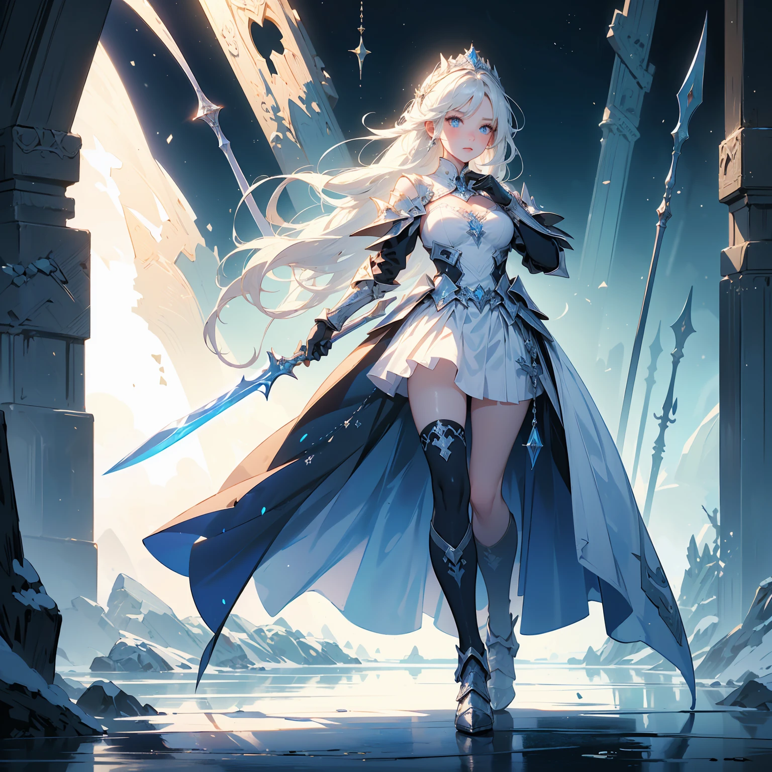 (((masterpiece, best quality, high detailed, 8k))) Design a layout showcase Gaming character, (1girl). Blue|White clothes, stylish and unique. ((showcase weapon:1.4)), ice spear. (masterpiece:1.2), (best quality), 4k, ultra-detailed. (Step by step design, layout art:1.5), (luminous lighting, atmospheric lighting). ice queen, ((glove full hands)), (((revealing clothes:1.3))), vambraces, armored legwear, (((full_body_shot:1.4))). {On a frozen lake}.