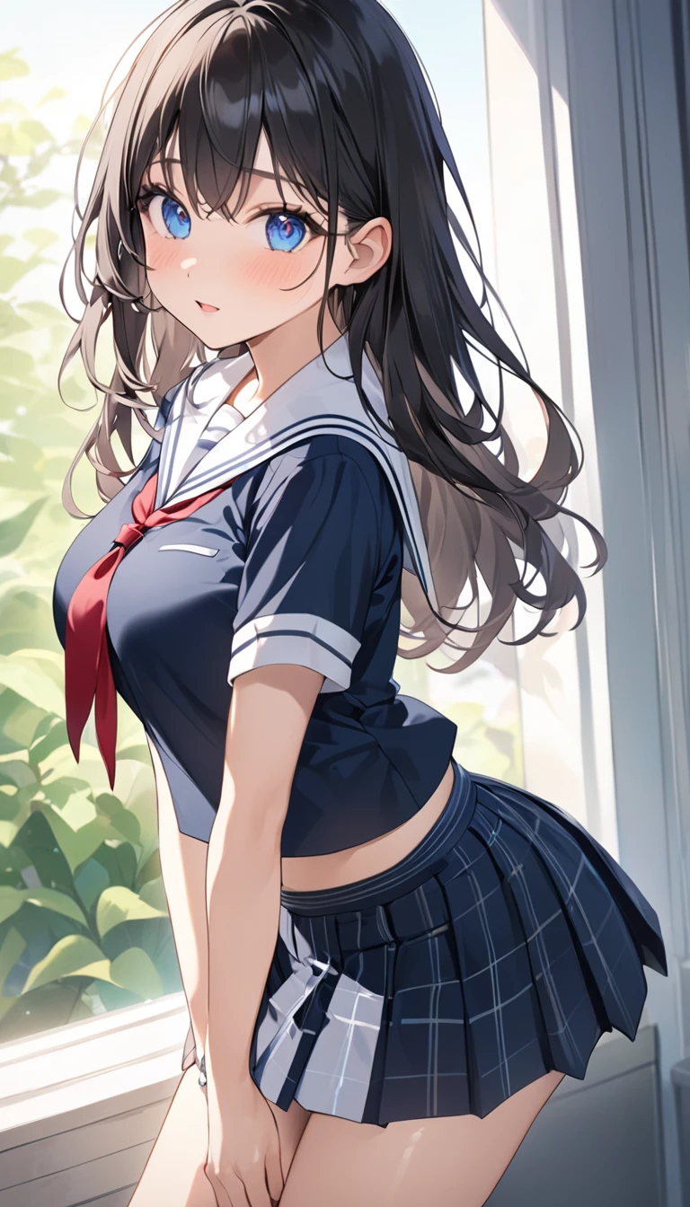 (Highest qualityのイラスト:1.2), (cute女の子:1.1), (1 girl、17 years old、Highest qualityのイラスト:1.2), (1 girl、Kind eyes、blue eyes:1.2)、Black Hair、Semi-long hair、(Highest quality、Very detailed、cute、Ultra-high resolution) 、High School Uniform{Sailor suit、Red neckerchief、Short sleeve、Pleated skirt)、Large Breasts、Stylish, from side, whole body