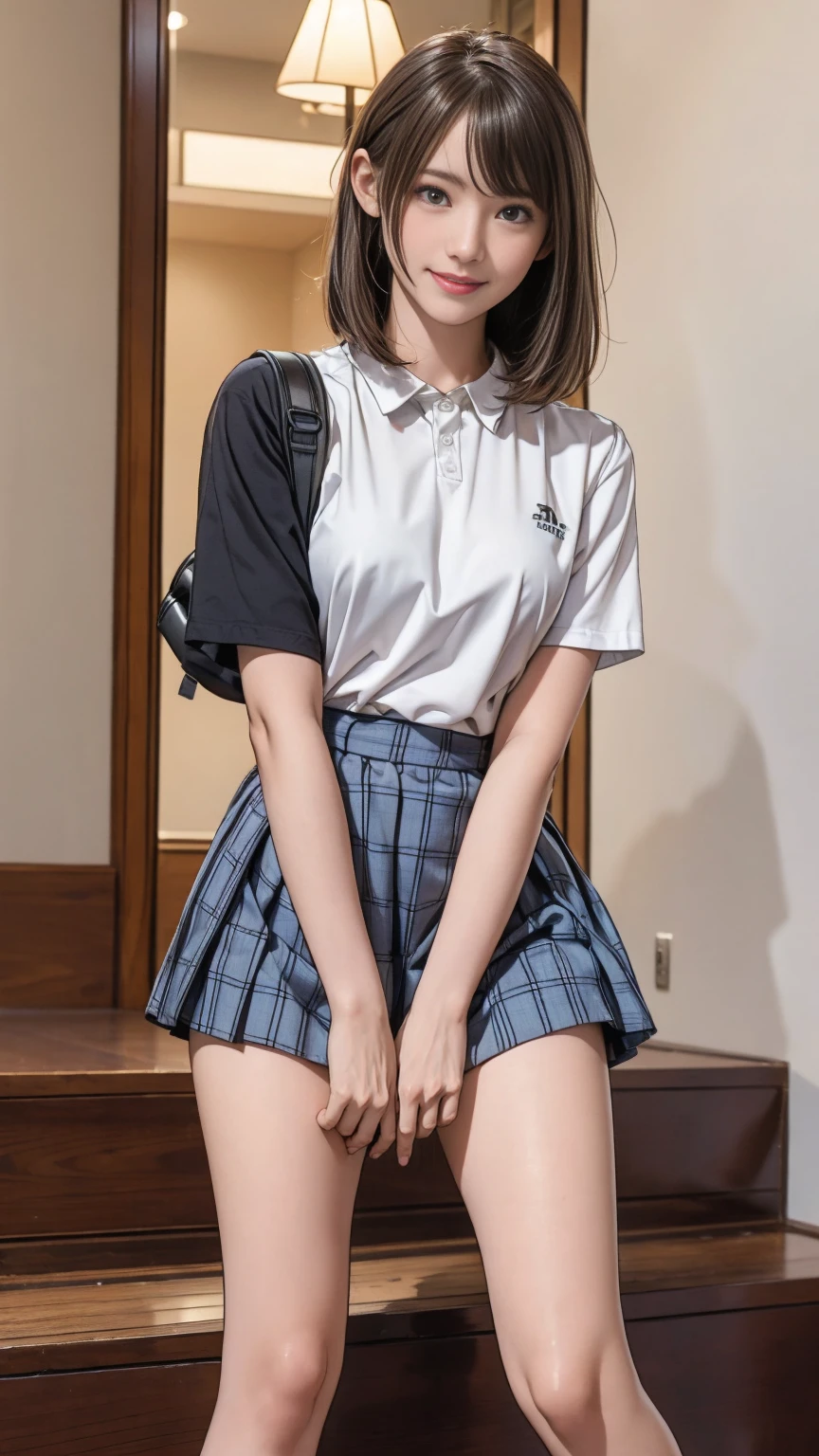 ((masterpiece)),(((Highest quality))),Thin thighs,Long legs,An 18-year-old high school girl standing on the school steps,White shirt,Blue and white plaid mini skirt:1.5,The best smile,Short bob with side waves:1.5，Carrying a black backpack，wear black loafers，Facing the front and spreading legs:1.5，