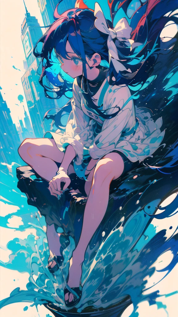 Blue-haired long hair,Design clothing,Seven-doppelganger shot,Anime style 4K,Anime girl with teal hair,High quality anime art style,sit down,painting,Splash ink background,Blue Themes、Pure white background,Buildings,Face close-up,Buildings,Moon and sun、Long legs,顔アップ