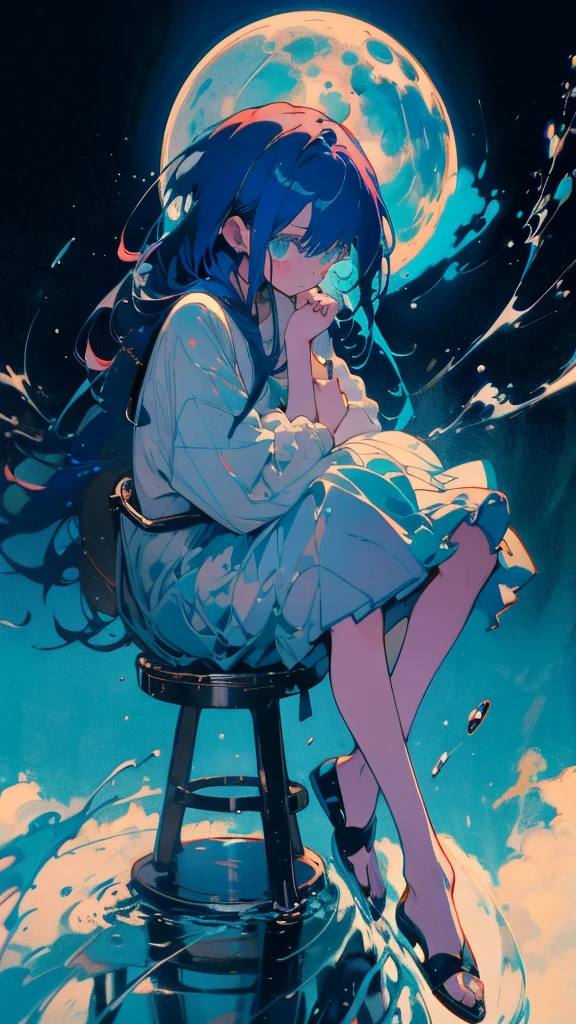Blue-haired long hair,Design clothing,Seven-doppelganger shot,Anime style 4K,Anime girl with teal hair,High quality anime art style,sit down,painting,Splash ink background,Blue Themes、Pure white background,Buildings,Face close-up,Buildings,Moon and sun、Long legs,顔アップ