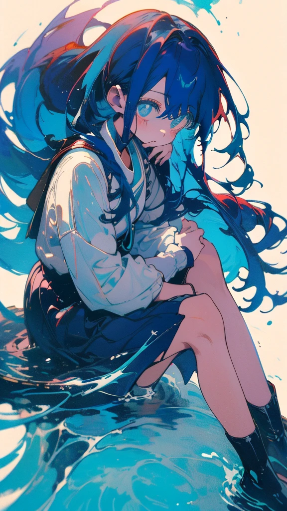 Blue-haired long hair,Design clothing,Seven-doppelganger shot,Anime style 4K,Anime girl with teal hair,High quality anime art style,sit down,painting,Splash ink background,Blue Themes、Pure white background,Buildings,Face close-up,Buildings,Moon and sun、Long legs,顔アップ