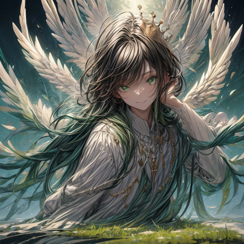 ((top-quality)), ((​masterpiece)), ((Ultra-detail)), (extremely delicate and beautiful), boy with bob hair, solo, cold attitude,((king costume)),he is very(relax)with  the(Settled down)Looks,A black-haired, depth of fields,evil smile, feather, under the water, wings,bright light green eyes,Inner color with dark hair and light dark tips,Cold background, shortest Hair - Linear Art, pants、White uniform like 、Light、Clothes are sheer 、elegant pose