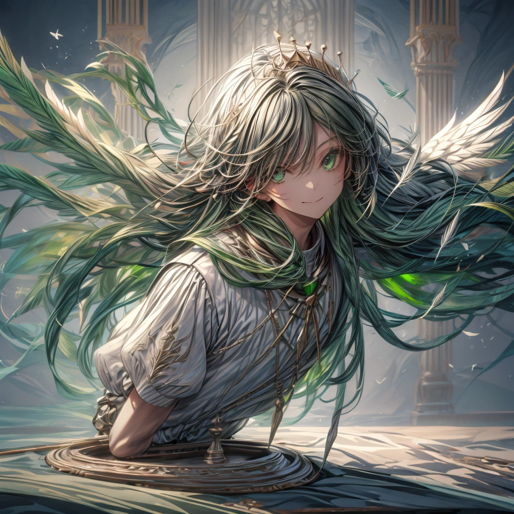 ((top-quality)), ((​masterpiece)), ((Ultra-detail)), (extremely delicate and beautiful), boy with bob hair, solo, cold attitude,((king costume)),he is very(relax)with  the(Settled down)Looks,A black-haired, depth of fields,evil smile, feather, under the water, wings,bright light green eyes,Inner color with dark hair and light dark tips,Cold background, shortest Hair - Linear Art, pants、White uniform like 、Light、Clothes are sheer 、elegant pose