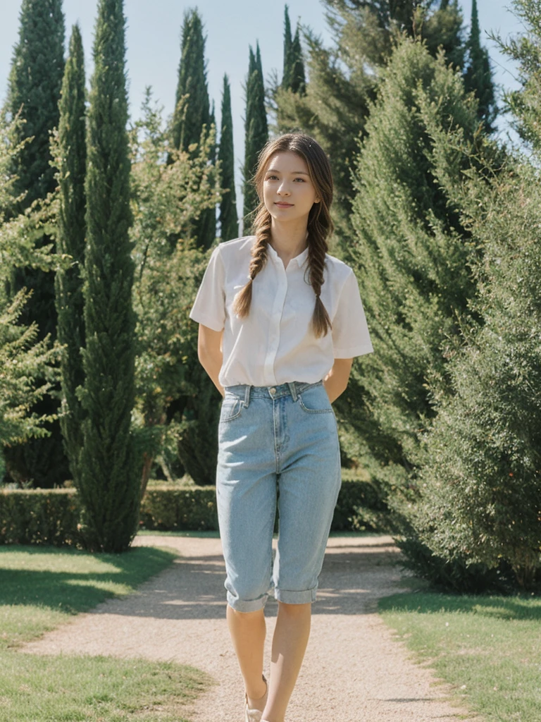 her name is Asako, high quality, 1girl, ((20-year-old fit Caucasian woman)), ((20 years old)), ((slim)), ((Fishtail Braid hair)), pose: standing, wearing stylish fashionable Generation-Z modern wear pastel colored, BACKGROUND:"In the Boboli Gardens, with manicured lawns, sculptures, and panoramic views of the Tuscan landscape."
