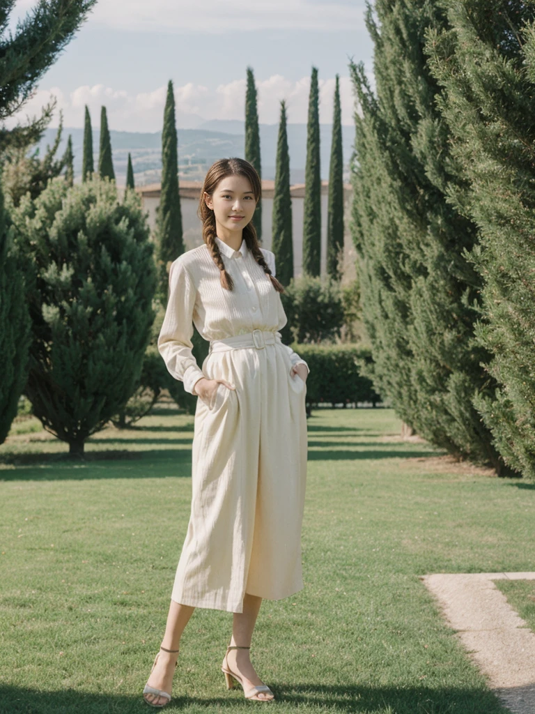 her name is Asako, high quality, 1girl, ((20-year-old fit Caucasian woman)), ((20 years old)), ((slim)), ((Fishtail Braid hair)), pose: standing, wearing stylish fashionable Generation-Z modern wear pastel colored, BACKGROUND:"In the Boboli Gardens, with manicured lawns, sculptures, and panoramic views of the Tuscan landscape."