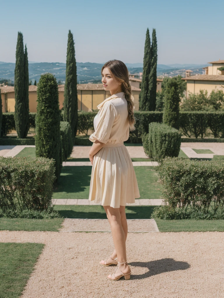 her name is Asako, high quality, 1girl, ((20-year-old fit Caucasian woman)), ((20 years old)), ((slim)), ((Fishtail Braid hair)), pose: standing, wearing stylish fashionable Generation-Z modern wear pastel colored, BACKGROUND:"In the Boboli Gardens, with manicured lawns, sculptures, and panoramic views of the Tuscan landscape."