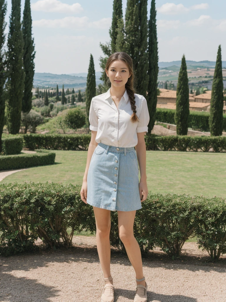 her name is Asako, high quality, 1girl, ((20-year-old fit Caucasian woman)), ((20 years old)), ((slim)), ((Fishtail Braid hair)), pose: standing, wearing stylish fashionable Generation-Z modern wear pastel colored, BACKGROUND:"In the Boboli Gardens, with manicured lawns, sculptures, and panoramic views of the Tuscan landscape."