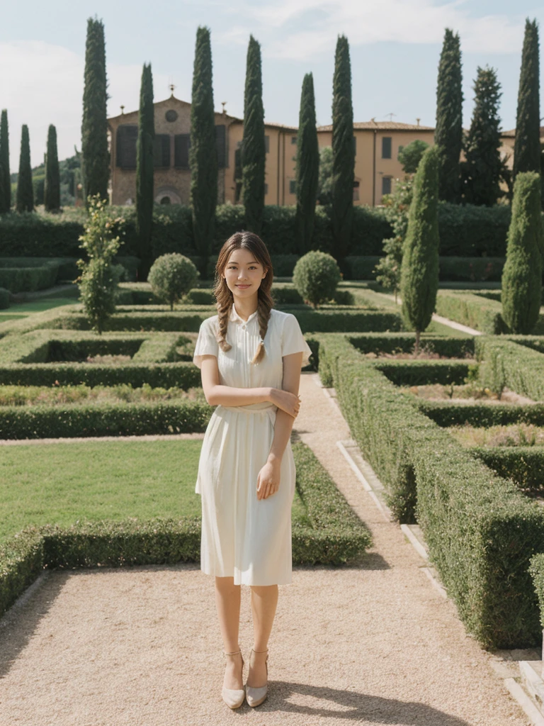 her name is Asako, high quality, 1girl, ((20-year-old fit Caucasian woman)), ((20 years old)), ((slim)), ((Fishtail Braid hair)), pose: standing, wearing stylish fashionable Generation-Z modern wear pastel colored, BACKGROUND:"In the Boboli Gardens, with manicured lawns, sculptures, and panoramic views of the Tuscan landscape."