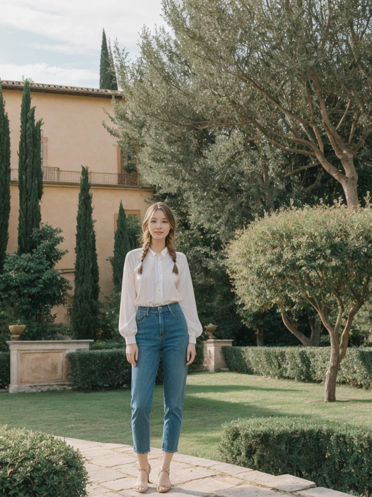 her name is Asako, high quality, 1girl, ((20-year-old fit Caucasian woman)), ((20 years old)), ((slim)), ((Fishtail Braid hair)), pose: standing, wearing  stylish fashionable Generation-Z modern wear pastel colored, BACKGROUND:"In the Boboli Gardens, with manicured lawns, sculptures, and panoramic views of the Tuscan landscape."