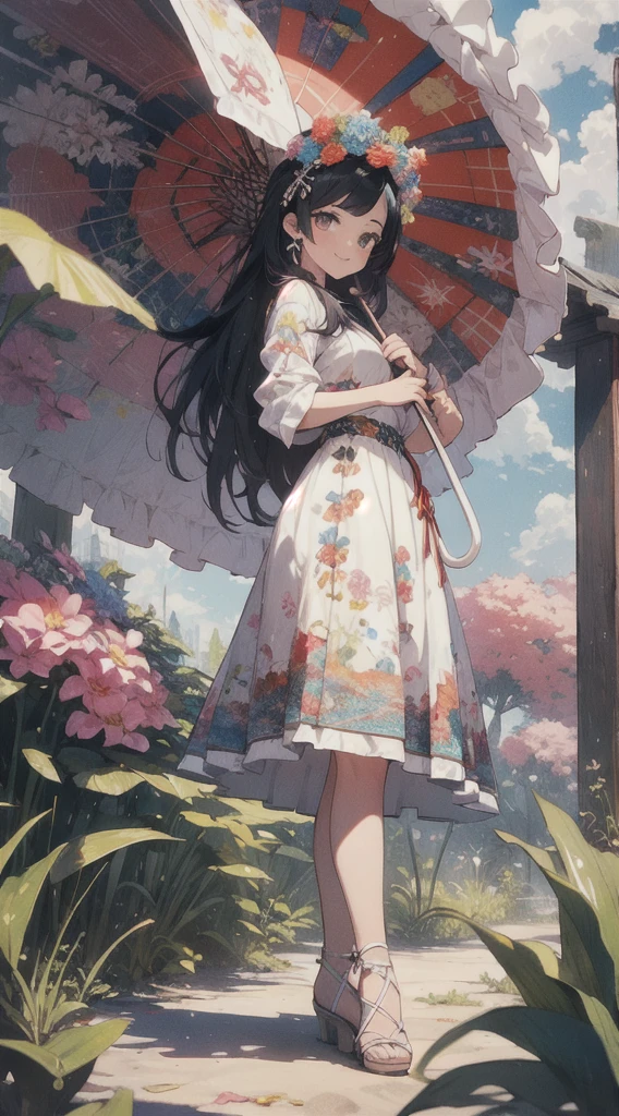 ((flowercrown),((beach parasol)),innocent smiles、eye glass、veranda、ancient city、(1 girl, Solo:1.6),(Cute smile),(Clothes are simple), (Best Impact:1.5), (maximalism:1.7), Vivid contrast, (Realistic), hyperrealistic illustrations, hight resolution, ultra-detailliert, absurderes,(Fractal Art:1.3)、Random hairstyle、Random hair color colorful、FULL BODYSHOT、Retro、Precise focus、randome pose、cinema4d、Drama