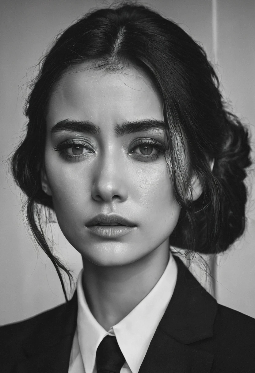 Woman in suit with tearful eyes