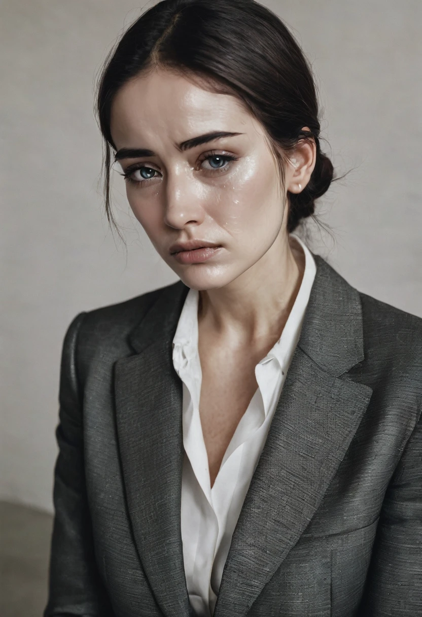 Woman in suit with tearful eyes