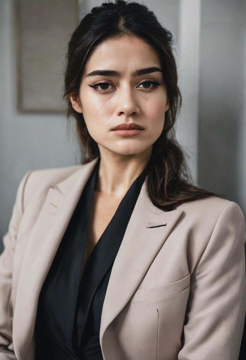 Woman in suit with tearful eyes