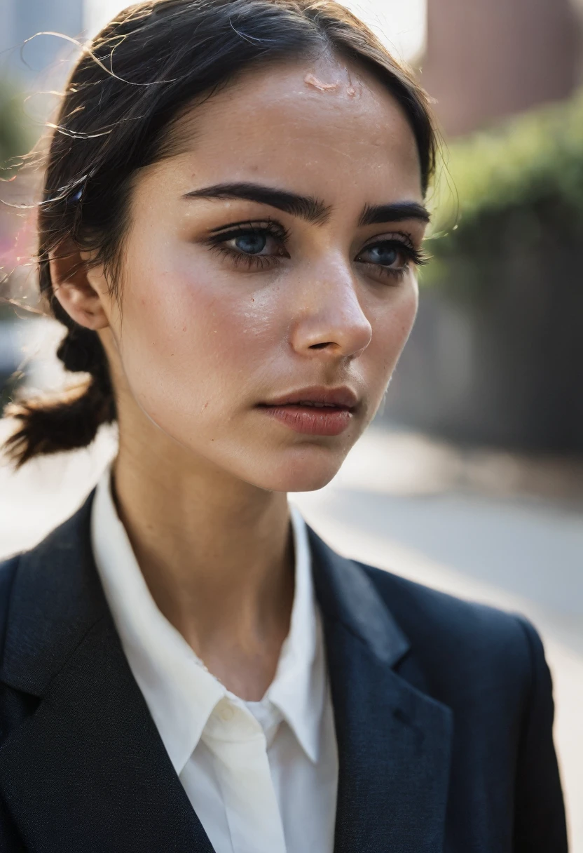 Woman in suit with tearful eyes