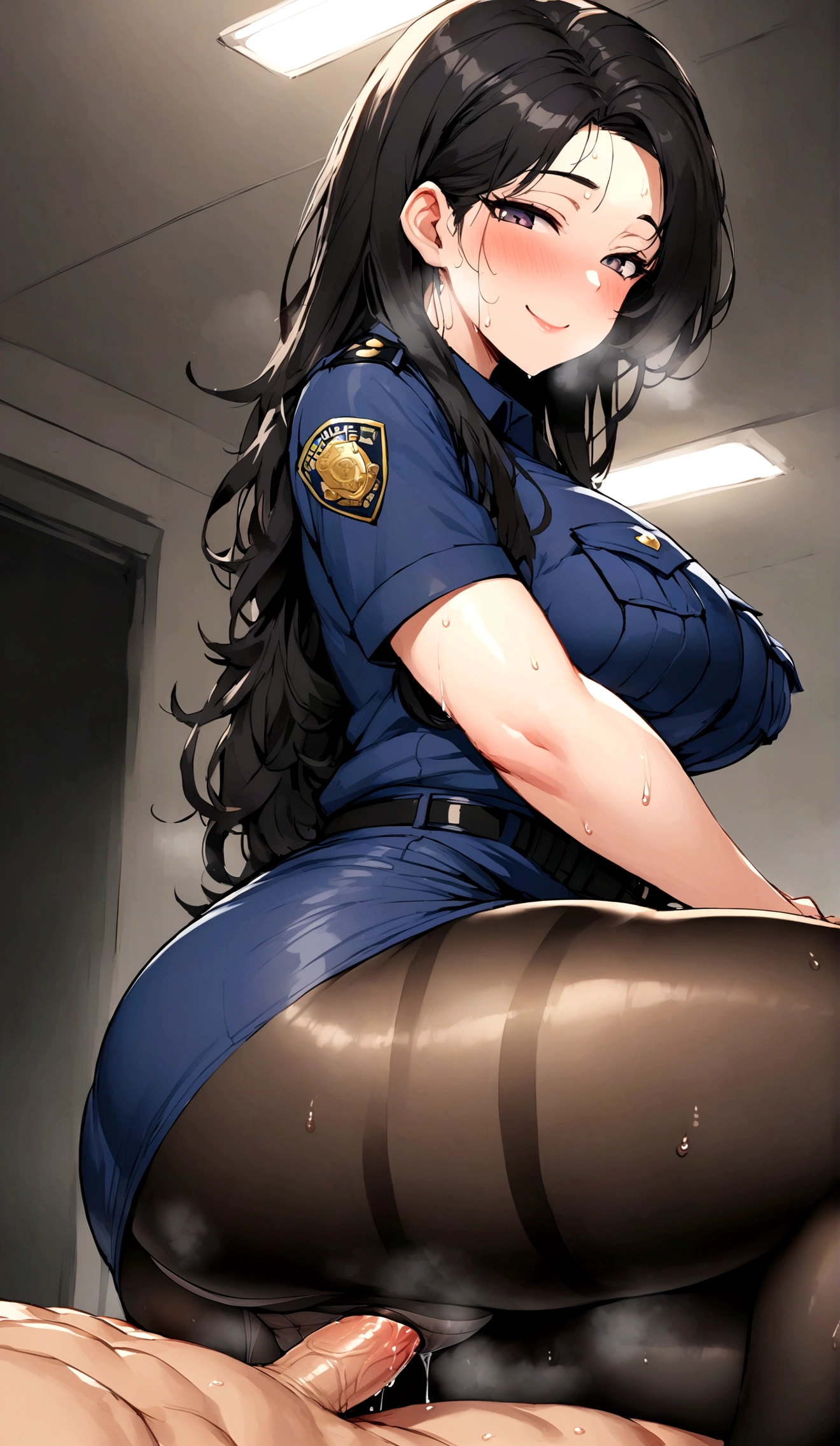 One beautiful woman、One Man、Policewoman、Beauty、A man has intense sex with a married woman、Tight Skirt, Cowgirl、Hit your back hard、High Speed Piston、Sitting on a man、Looking down at the viewer, Highest quality, Focus on the thighs, smile, Police uniform, Black Pantyhose, panties under pantyhose, Police Department、Plump thighs、Big Ass、Big 、 Black Hair,My thighs are steaming between the legs 、Sweaty pantyhose、Inserting the penis into the vagina