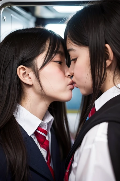 two schoolgirls, dislike kiss, facing each other, no gap, cheeks collide, angry expression, forcibly kiss, close contact, on crowded train, stuck between girls face, glare, narrow confine, faces crushed together