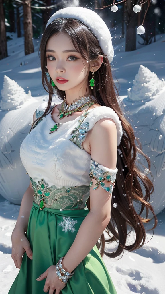 8k, masterpiece, 1 girl, beautiful face, very long hair, light makeup, detailed eyes, detailed lips, small bust, winter dress, orange dress, (wearing jewellery:1.8), (green lace:1.4), ((snow falling:1.4)),26 age