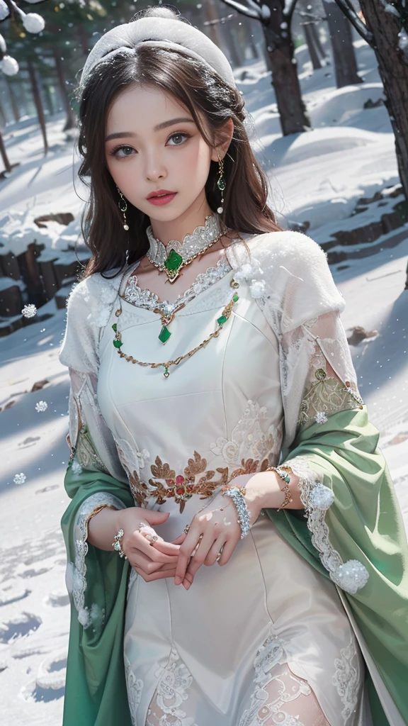 8k, masterpiece, 1 girl, beautiful face, very long hair, light makeup, detailed eyes, detailed lips, small bust, winter dress, orange dress, (wearing jewellery:1.8), (green lace:1.4), ((snow falling:1.4)),26 age