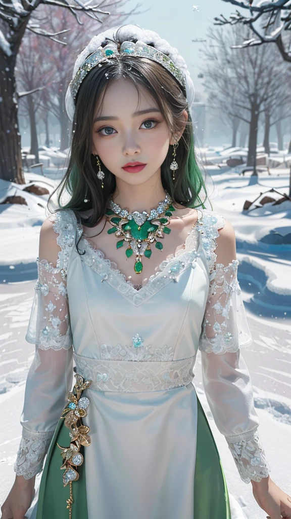 8k, masterpiece, 1 girl, beautiful face, very long hair, light makeup, detailed eyes, detailed lips, small bust, winter dress, orange dress, (wearing jewellery:1.8), (green lace:1.4), ((snow falling:1.4)),26 age