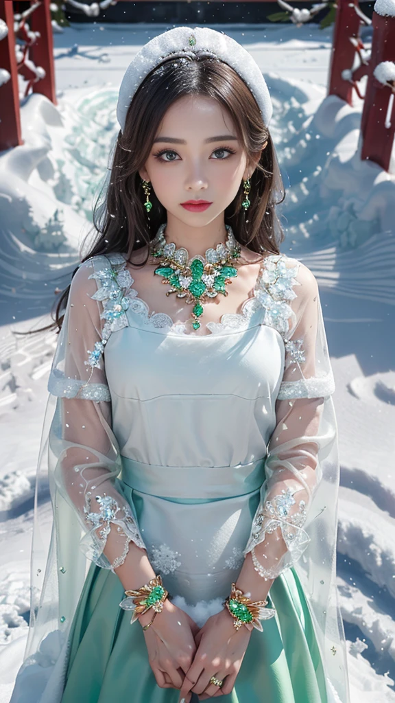 8k, masterpiece, 1 girl, beautiful face, very long hair, light makeup, detailed eyes, detailed lips, small bust, winter dress, orange dress, (wearing jewellery:1.8), (green lace:1.4), ((snow falling:1.4)),26 age