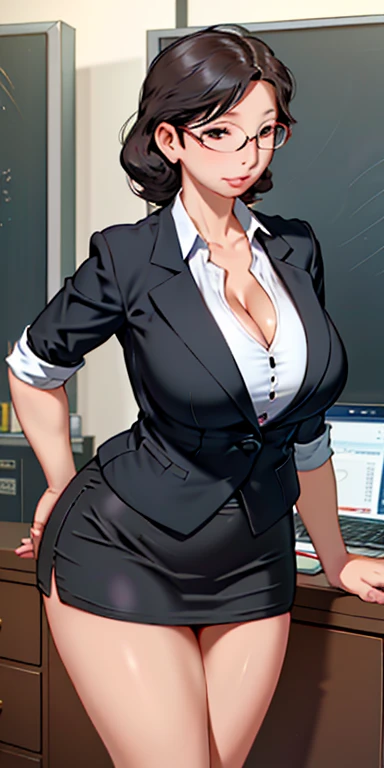 Elegant experienced female teacher with glasses short skirt black playfully dressed as office worker, Full breasts and,(((Full and soft breasts,)))(((Huge breasts))) (((Cleavage))) (Perfect curvy figure) ,