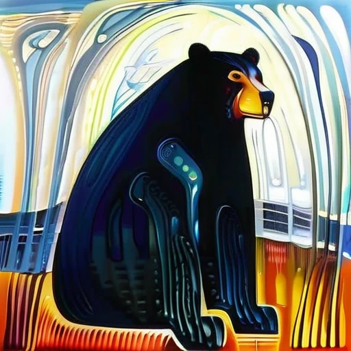 Surrealist art in the style of Edvard Munch, painting, Robotic Bear, Winter, L USM, Lomography, Edvard Munch style, Edvard Munch art . Dreamlike, mysterious, provocative, symbolic, intricate, detailed