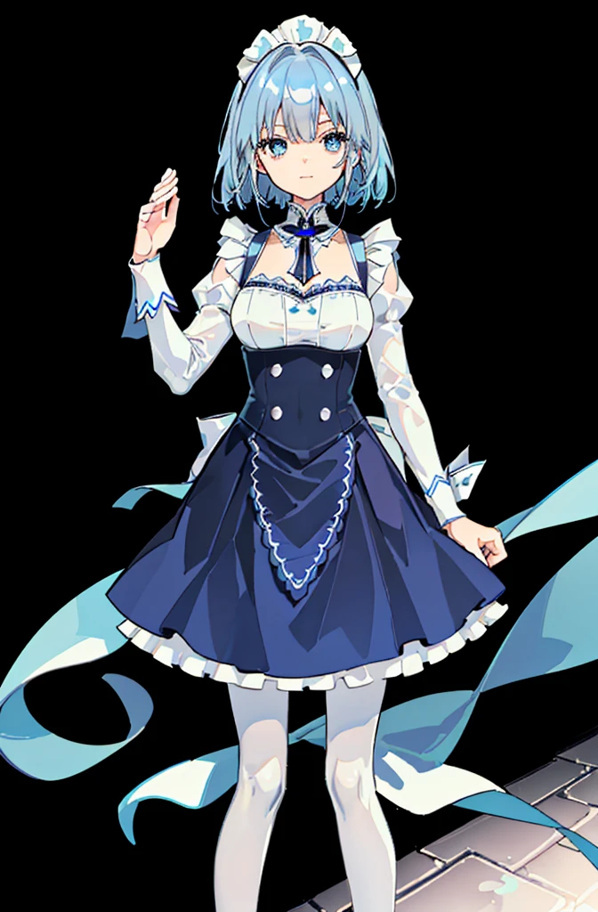 ((cathedral background)),1 girl! Ray tracing, best shadows, high resolution (dim lighting) blue hair, plump and slender girl, (girl wearing white shirt, black wrinkled skirt, with black transparent pantyhose), showing a delicate slim figure and graceful curves, correctly positioned and reasonable limbs! facial details! Delicate facial features, pay attention to the position details of the legs! Pay attention to hand details! High quality! More eligible! Reduce errors, ultra-detailed CG, more reasonable picture! Delicate finger detailing,((blue medium hair)),((White Maid Costume)),blue eyes,((whole body)),whole body,((White Maid Costume)),((White Maid Costume)),evil smile,((cathedral background)),((cathedral background)),