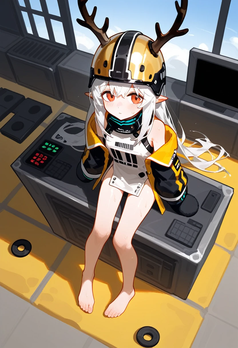 punctuation_9,punctuation_8_High above,punctuation_7_High above,1 girl,muddy stone (arknights),grimy,feet,mitts,helmet,antlers,flooras,Eyes red,Bare feet,pointy ears,breastsout,standing alone,long hair,White hair,black mitts,Toes,helmet de segurança,foco nos feet,gazing at viewer,sitting down,sweat,parted lips,grimy feet,containment,plein-air,sky,bangss,oripathy lesion (arknights),giorno,ssmile,blush,demon antlers,infection monitor (arknights),foreshortening,floor,
