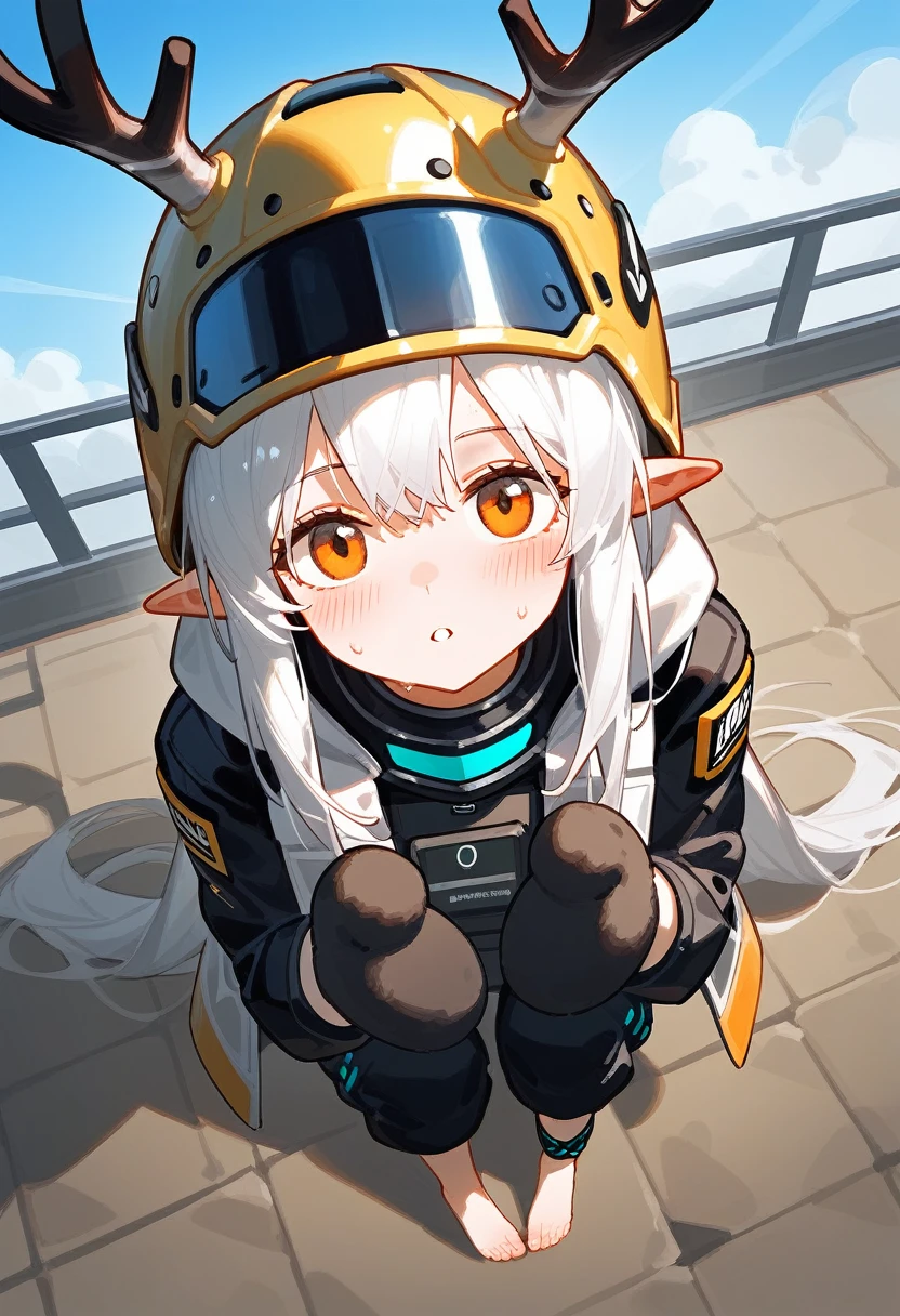 punctuation_9,punctuation_8_High above,punctuation_7_High above,1 girl,muddy stone (arknights),grimy,feet,mitts,helmet,antlers,flooras,Eyes red,Bare feet,pointy ears,breastsout,standing alone,long hair,White hair,black mitts,Toes,helmet de segurança,foco nos feet,gazing at viewer,sitting down,sweat,parted lips,grimy feet,containment,plein-air,sky,bangss,oripathy lesion (arknights),giorno,ssmile,blush, infection monitor (arknights),foreshortening,floor, ( detaileds) naked