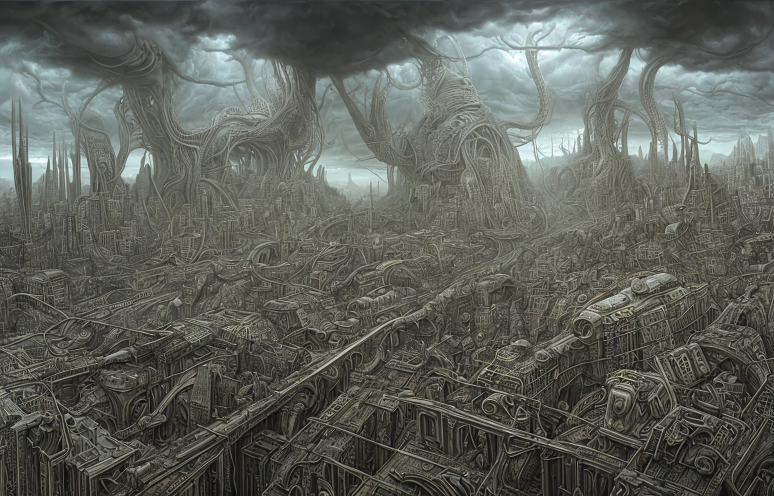 city of merging organic forms, creeping cables and pipes , in style of Dan Seagrave, H. R. Giger, Zdzisław Beksiński with cinematic lighting, background cloud storm inspired by jeffrey smith