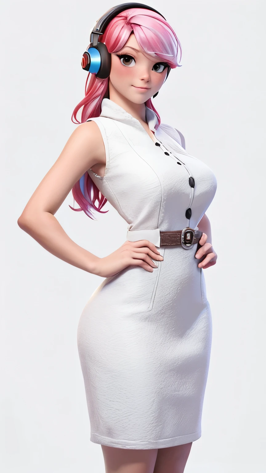 (1 girl, Alone, Masterpiece, 4k, Best Quality:1.2, (cowboy shot), Best Quality:1.2, good hands, showy, (perfect hands, perfect anatomy)), 
utaop, headphones,blush, White dress, fur over one, red and white hair, multicolor fur, High average, 
((medium breasts, big hips, looking at the viewer)), 
((simple background, White background)), 