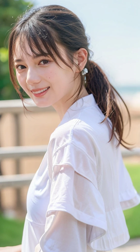 ((Highest quality, 8K, masterpiece: 1.3)), sharp: 1.2, Perfect Body Beauty: 1.4, Slim Abs: 1.2, ((Layered Hairstyles, Big Breasts: 1.2)), (濡れた White Button Long Shirt: 1.1), (nude: 1.2), Close your face: 1.5, Highly detailed face and skin texture, Beautiful Eyes, double eyelid, Side view of the camera