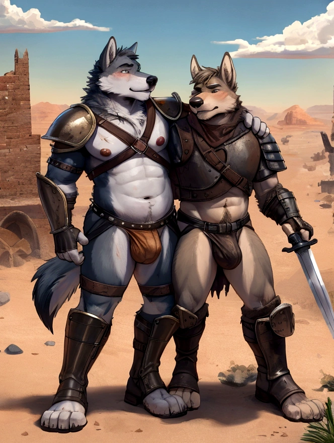 Couple of Sexy young anthro furry wolf males mercenary medieval soliders, slim endomorph muscular, anthro handsome gay shorter muzzle, handsome gay model male apperance, sword scars, worn out leather skimpy armament, low on hips heavy leather belt, old very worn out skimpy dirty linen material jockstrap, old yellow dirty worn out stains on white sawn bulge jockstrap, very visible "x" brown seam pattern on the jockstrap, studded skimpy armlets breastplate armor, skimpy breastplate, leather bondages, fingerless leather gloves, smelly unwashed husk, dirty body look, desert battlefield, one hugs gropes his partner from behind, rubs his jockstrap against his partner ass anus, touches him gropes his jockstrap and torso, kisses his neck, both are blushing, both are horny, bulgy jockstrap, precum, legs wide open