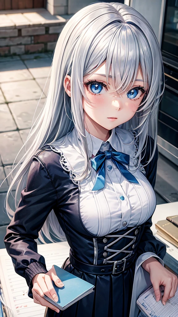 Anime girl with silver hair and blue eyes in front of notebook